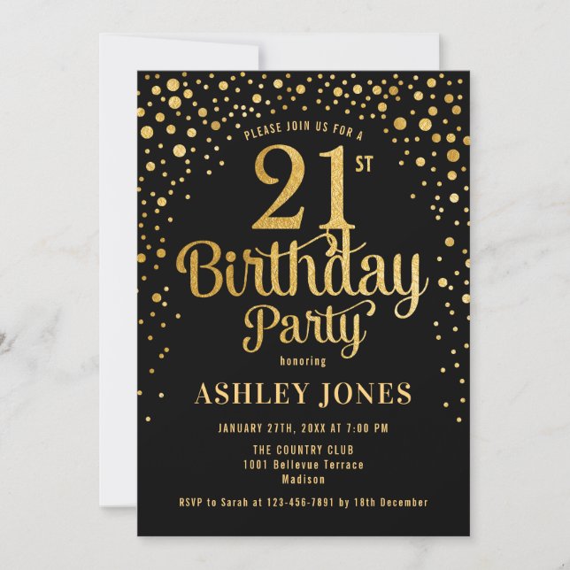 21st Birthday Party - Black & Gold Invitation (Front)