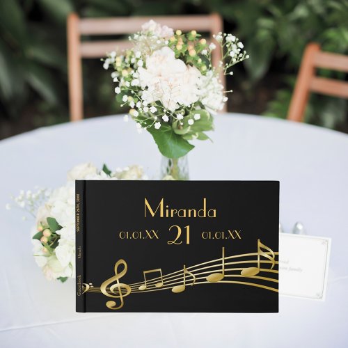 21st birthday party black gold music notes guest book