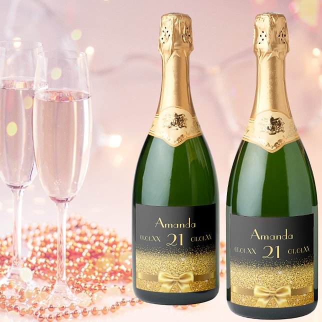 21st birthday party black gold name chic sparkling wine label (Creator Uploaded)