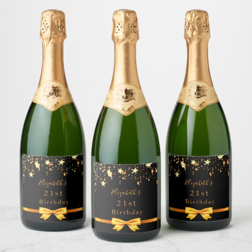 21st birthday party black gold stars modern chic sparkling wine label