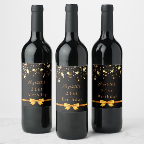 21st birthday party black gold stars wine label