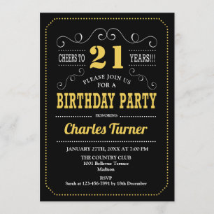 21st Birthday Party - Black Gold White Invitation