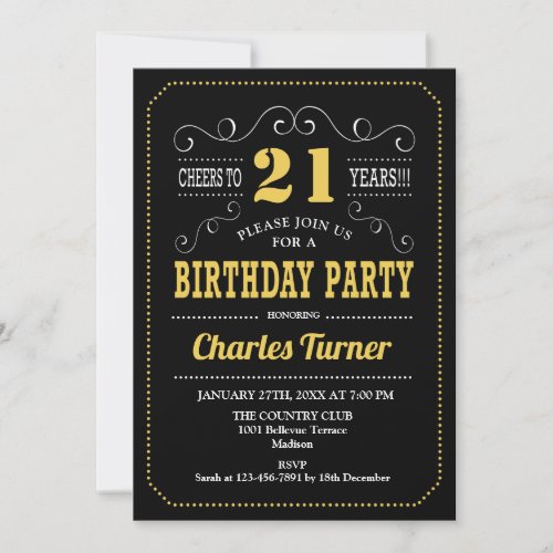21st Birthday Party _ Black Gold White Invitation