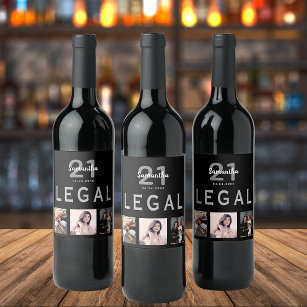 21st birthday party black legal photo collage wine label