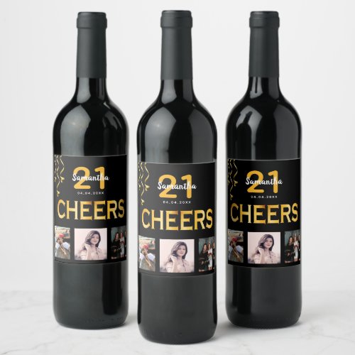 21st birthday party black photo collage cheers wine label