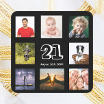 21st birthday party black photo collage guy square sticker<br><div class="desc">A sticker for a 21st birthday party for a guy,  celebrating his life with a collage of 8 of your photos.  Templates for the age 21 and a date.  Date of birth or the date of the party.  White colored letters.  Black background.</div>