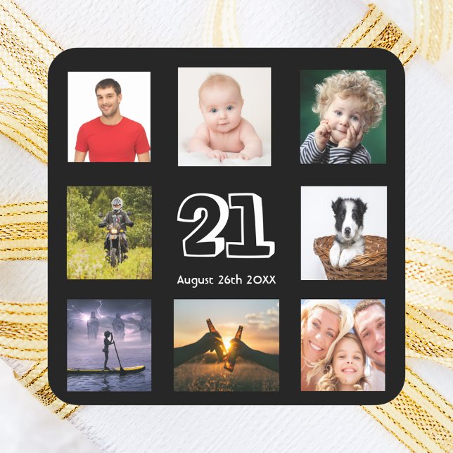 21st birthday party black photo collage guy square sticker (Creator Uploaded)