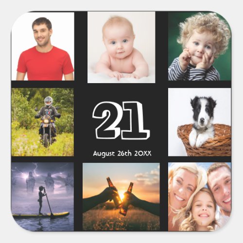 21st birthday party black photo collage guy square sticker