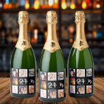 21st birthday party black photo collage sparkling wine label<br><div class="desc">A bottle label for a 21st birthday party,  celebrating her life with a collage of 8 of your photos.  Templates for a name,  age 21 and a date.  Date of birth or the date of the party.  White and gray colored letters.  Elegant black background color.</div>
