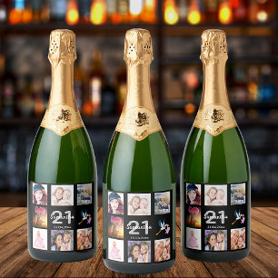 21st birthday party black photo collage sparkling wine label