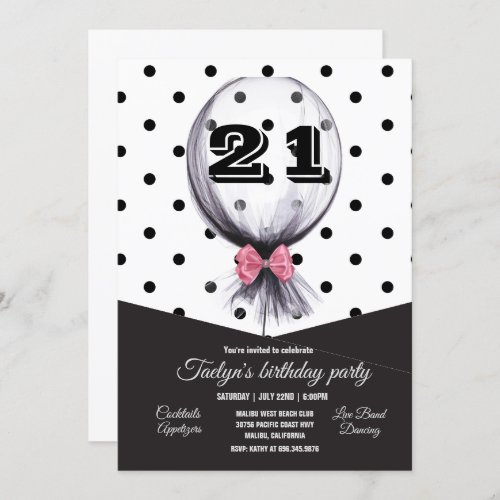21st Birthday Party Black Polka Dots Balloon Invit Invitation