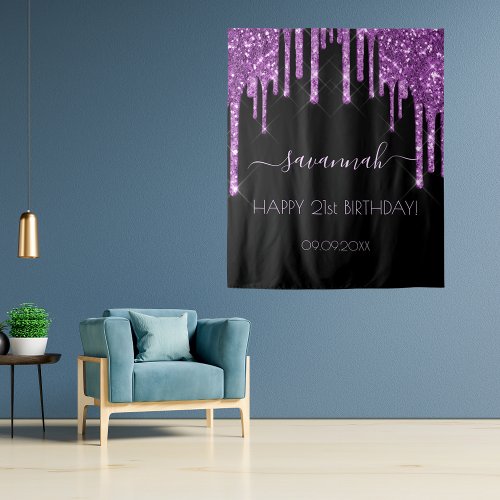 21st birthday party black purple glitter glam tapestry