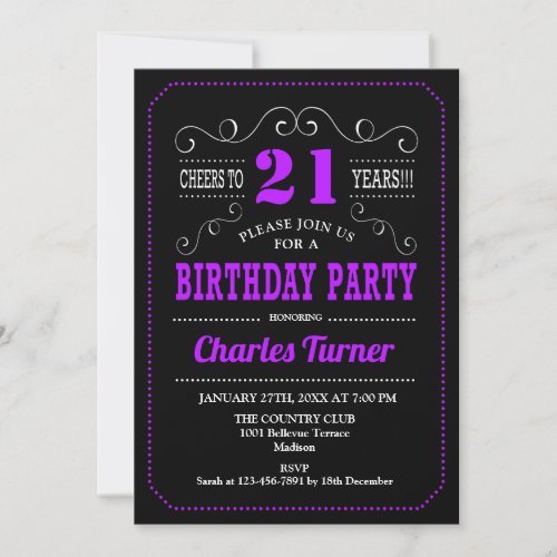 21st Birthday Party _ Black Purple Invitation