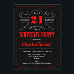 21st Birthday Party - Black Red White Invitation<br><div class="desc">21st Birthday Party Invitation.
Elegant black,  red,  white retro design with chalkboard pattern and script font. Cheers to 21 years! Message me if you need further customization.</div>