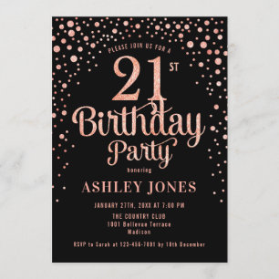21st Birthday Party - Black & Rose Gold Invitation