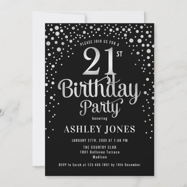 21st Birthday Party - Black & Silver Invitation (Front)