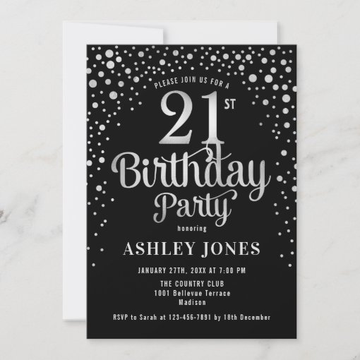 21st Birthday Party - Black & Silver Invitation | Zazzle