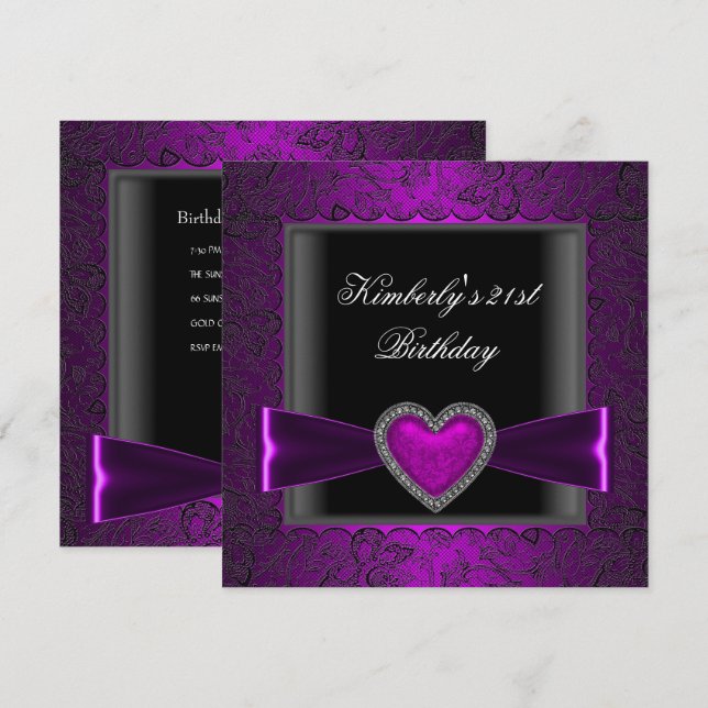 21st Birthday Party Black Silver Purple Heart Goth Invitation (Front/Back)