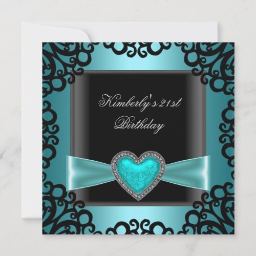 21st Birthday Party Black Silver Teal Blue Heart Invitation