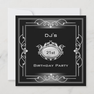 21st Birthday party  Black Silver White Art Deco Invitation