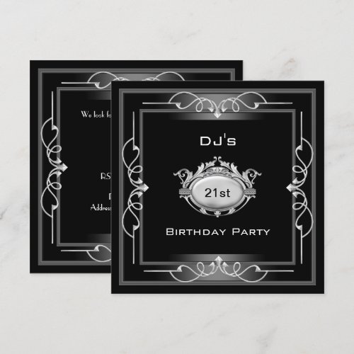 21st Birthday party  Black Silver White Art Deco Custom Invitations