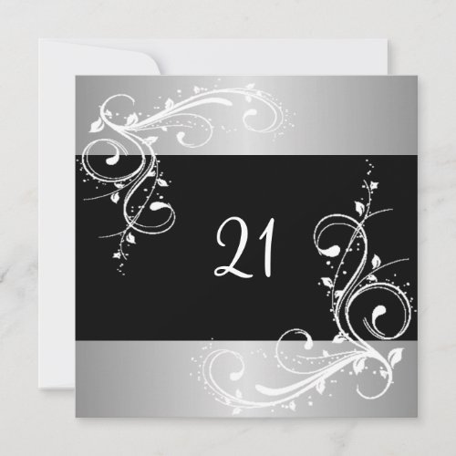 21st Birthday Party Black Silver White Floral Personalized Invite