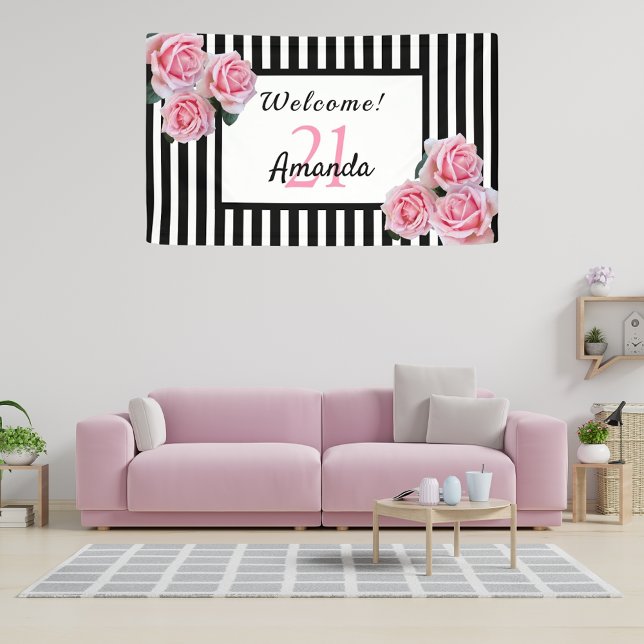21st birthday party black stripes floral name banner (Creator Uploaded)