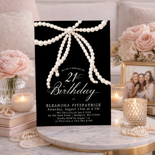 21st Birthday Party Black White Coquette Pearl Bow Invitation