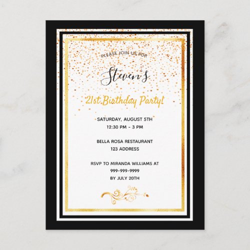 21st birthday party black white gold invitation postcard