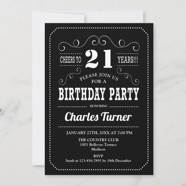 21st Birthday Party - Black White Invitation (Front)