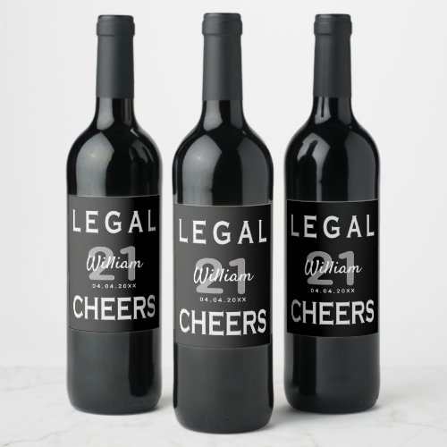 21st birthday party black white legal monogram wine label
