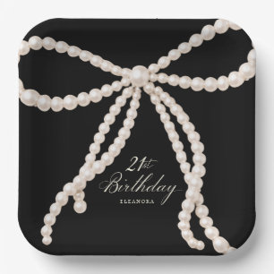 21st Birthday Party Black White Pearl Bow Elegant Paper Plates