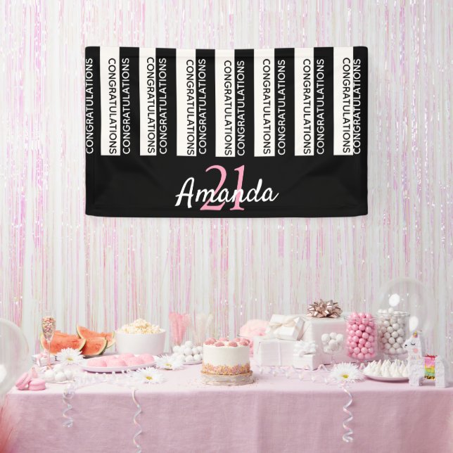 21st birthday party black white stripes pink banner (Party)