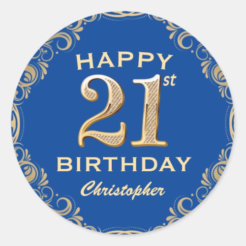 21st Birthday Party Blue and Gold Glitter Frame Classic Round Sticker