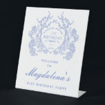 21st Birthday Party Blue Floral Crest Welcome Pedestal Sign<br><div class="desc">An elegant French vintage blue floral crest takes center stage on this timeless birthday welcome sign. Ornate,  formal and very feminine will make any birthday lady feel very special. Coordinating party supplies are available.</div>