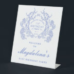 21st Birthday Party Blue Floral Crest Welcome Pedestal Sign<br><div class="desc">An elegant French vintage blue floral crest takes center stage on this timeless birthday welcome sign. Ornate,  formal and very feminine will make any birthday lady feel very special. Coordinating party supplies are available.</div>