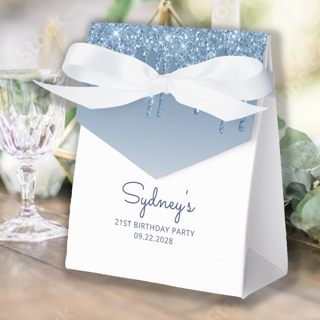 21st Birthday Party Blue Glitter Drip Script Favor Boxes (Creator Uploaded)