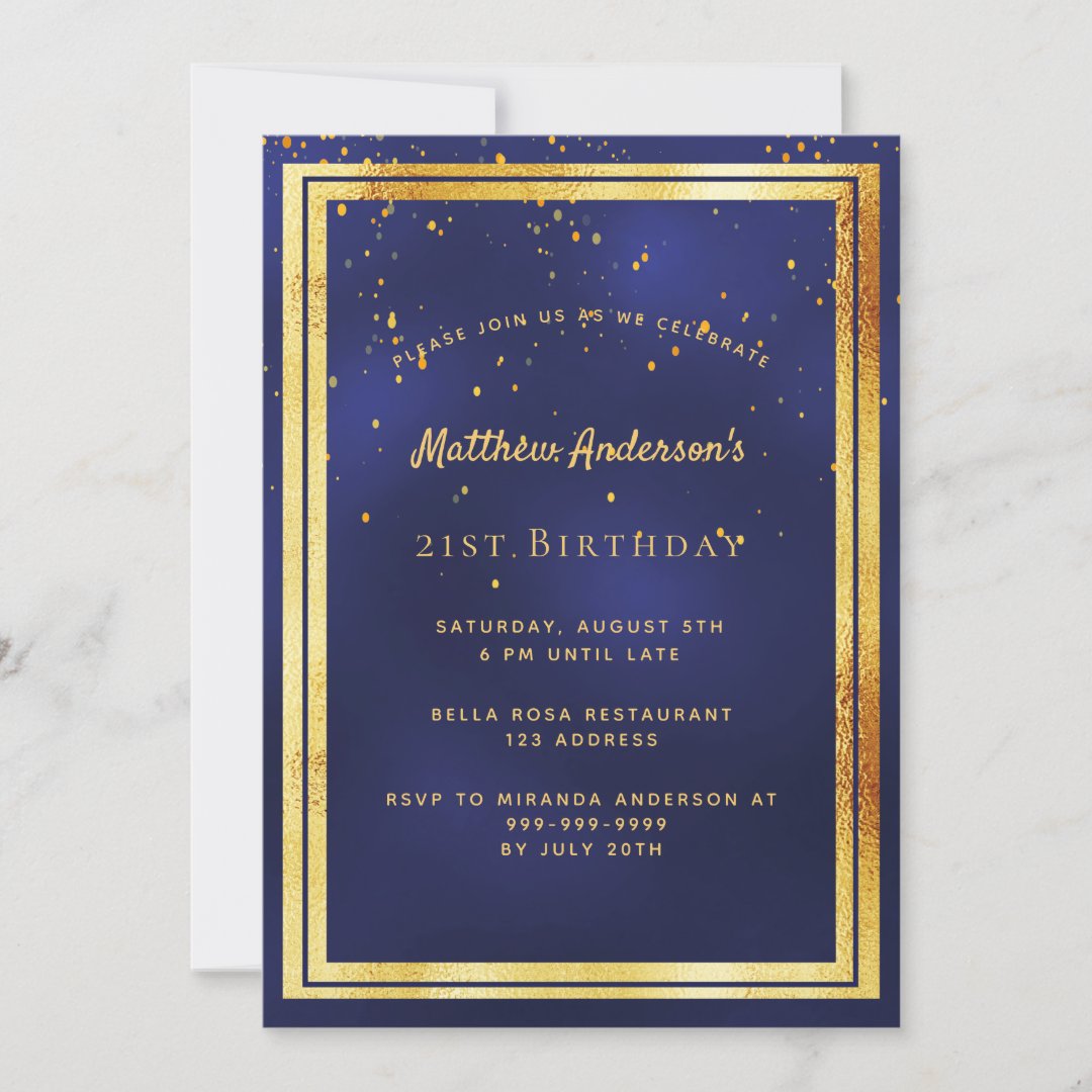 21st birthday party blue gold confetti sprinkle invitation | Zazzle