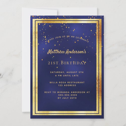 21st birthday party blue gold confetti sprinkle invitation