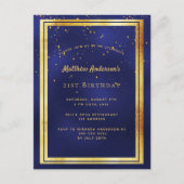 21st birthday party blue gold shiny invitation postcard (Front)