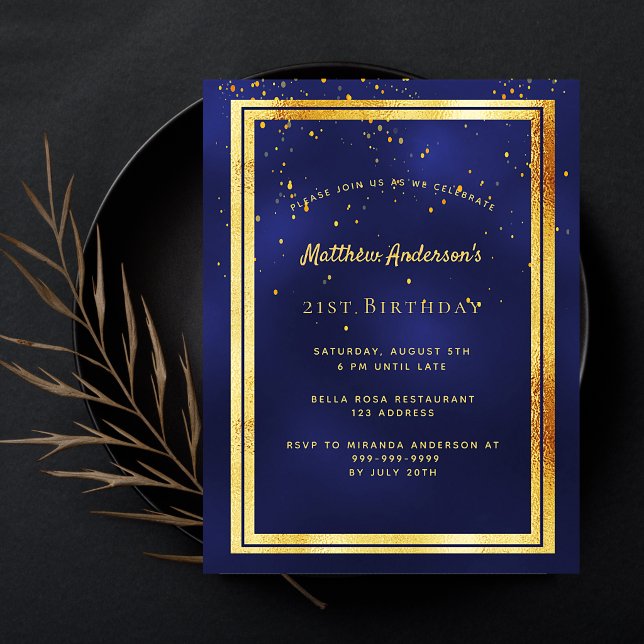 21st birthday party blue gold shiny invitation postcard