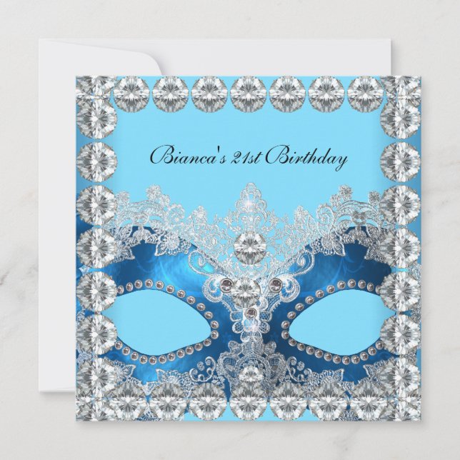 21st  Birthday Party Blue White Diamonds Mask Invitation (Front)