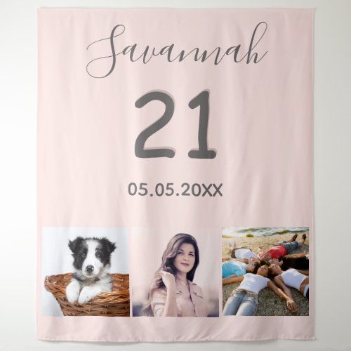 21st birthday party blush pink photo name tapestry
