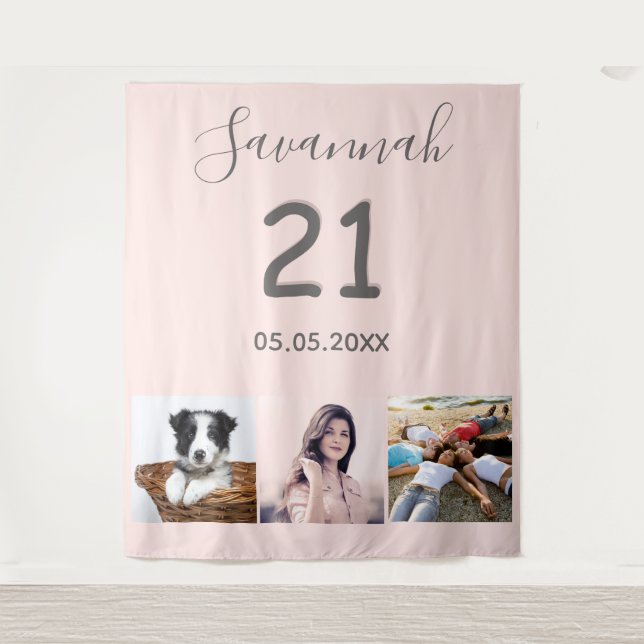 21st birthday party blush pink photo name tapestry (Front)