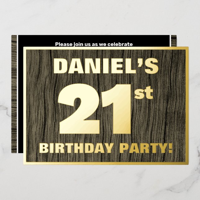 21st Birthday Party: Bold, Faux Wood Grain Pattern Foil Invitation (Front/Back)