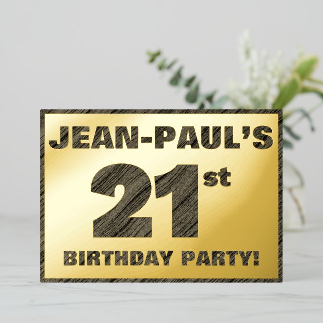 21st Birthday Party — Bold, Faux Wood Grain Text Foil Invitation (Standing Front)