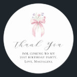 21st Birthday Party Bow Custom Thank You Favor Classic Round Sticker<br><div class="desc">Thank your guests for coming to your birthday party with this personalized thank you favor sticker.  It features a blush pink coquette bow accented with pink and blue wildflowers. Thank you is written in a lovely open script. Three lines let you customize your appreciation. All text is editable.</div>