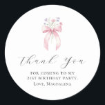 21st Birthday Party Bow Custom Thank You Favor Classic Round Sticker<br><div class="desc">Thank your guests for coming to your birthday party with this personalized thank you favor sticker.  It features a blush pink coquette bow accented with pink and blue wildflowers. Thank you is written in a lovely open script. Three lines let you customize your appreciation. All text is editable.</div>