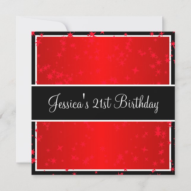 21st Birthday Party Bright Red Stars Black & White Invitation (Front)