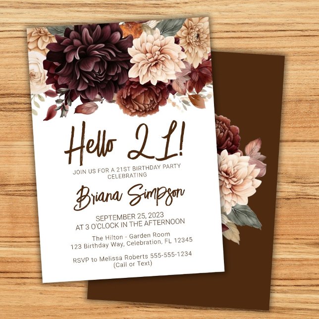 21st Birthday Party Brown Beige Flowers Floral Invitation (Creator Uploaded)